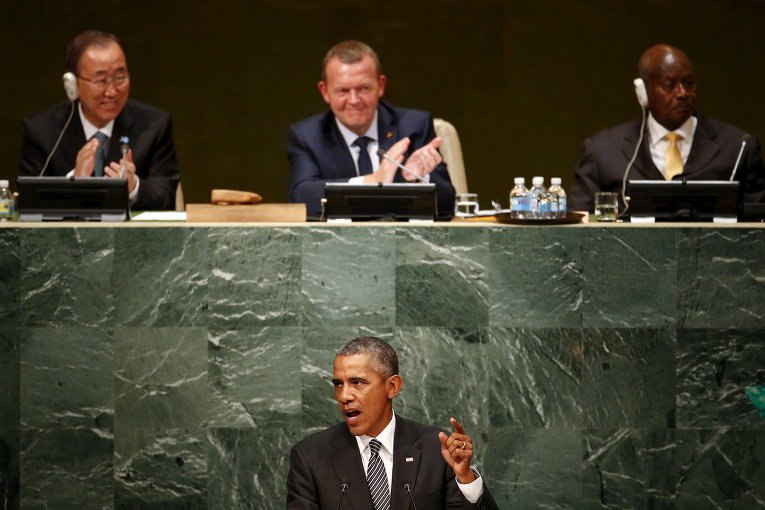 Президент США Барак Обама во время выступления на Генассамблее ООН. 27 сентября 2015