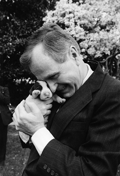 Джордж Буш с одним из шести щенков Милли