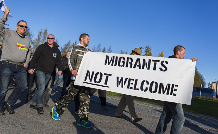 Антимиграционный митинг в городе Торнеа на границе Швеции и Финляндии