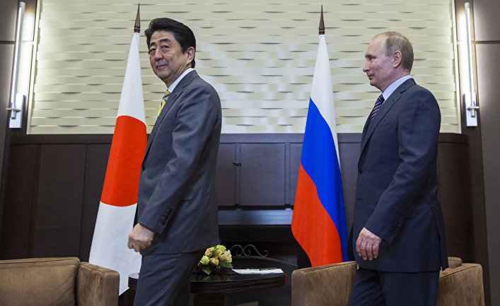 Президент России Владимир Путин и премьер-министр Японии Синдзо Абэ во время встречи в Сочи