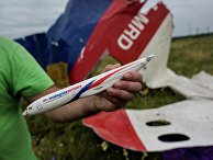 Мужчина демонстрирует модель разбившегося самолета, найденную на месте крушения лайнера Мужчина демонстрирует модель разбившегося самолета, найденную на месте крушения лайнера