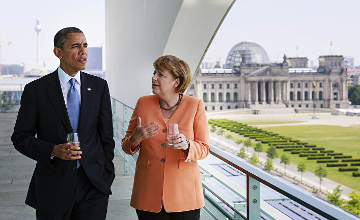 Президент США Барак Обама и канцлер ФРГ Ангела Меркель во время переговоров в Берлине