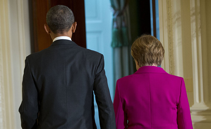 Барак Обама и Ангела Меркель после совместной пресс-конференции в Белом доме