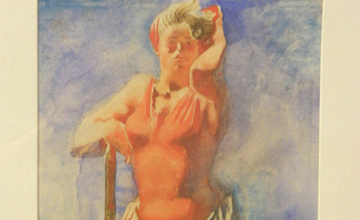 С лопатой (из серии «Девушки метростроя», 1934). Худ. Александр Самохвалов (1894 – 1971). Акварель, бумага. Русский музей (Санкт-Петербург)