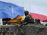 Флаг Польши и НАТО на польском танке во время совместных учений
