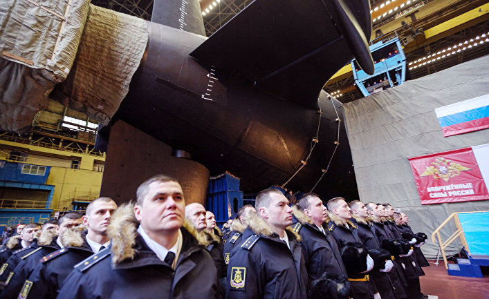 Торжественная церемония спуска на воду нового стратегического атомного подводного крейсера "Князь Владимир" в Северодвинске. 17 ноября 2017