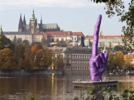 Скульптура в виде фрагмента руки с вытянутым вверх 10-метровым средним пальцем на понтоне на реке Влтава напротив Пражского Града