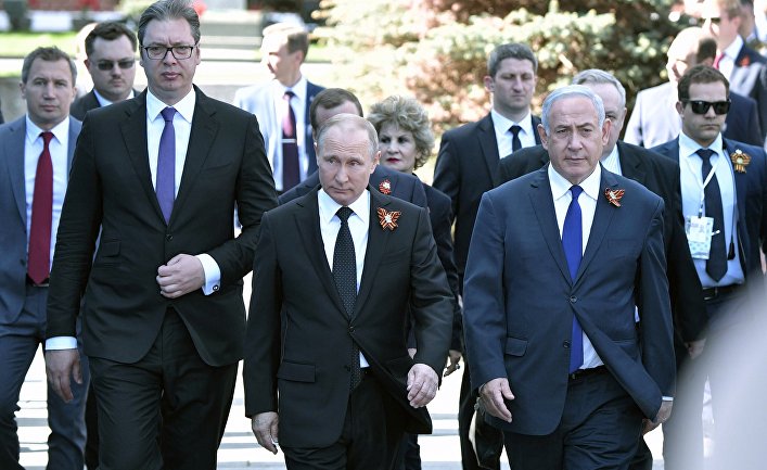 Президент РФ В.Путин, президент республики Сербии Александр Вучич и премьер-министр Израиля Биньямин Нетаньяху