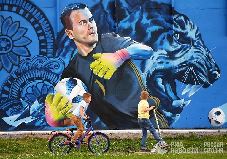 Граффити с изображением вратаря сборной России по футболу Игоря Акинфеева в Щелково
