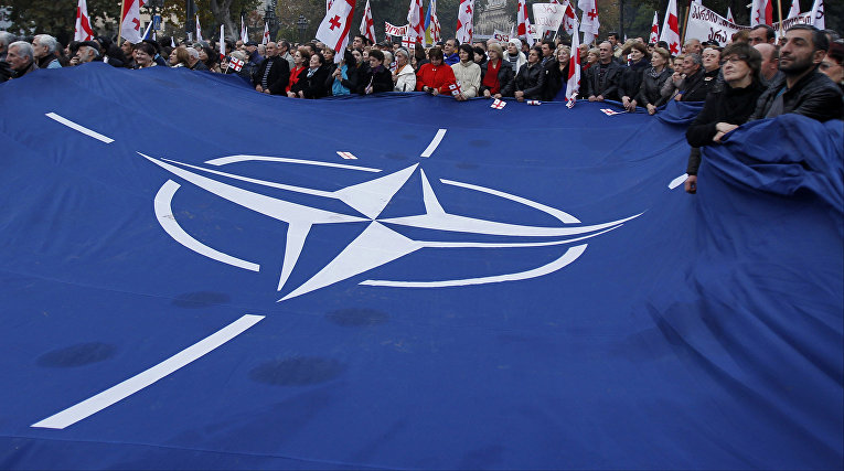 Флаг НАТО во время митинга в Тбилиси, Грузия