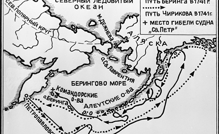 Схема маршрута 2-ой Камчатской экспедиции, возглавляемой Витусом Берингом (1741 год). Репродукция