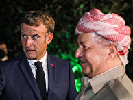 Президент Франции Эммануэль Макрон и лидер Демократической партии Курдистана Масуд Барзани в Арбиле, Ирак Президент Франции Эммануэль Макрон и лидер Демократической партии Курдистана Масуд Барзани в Арбиле, Ирак