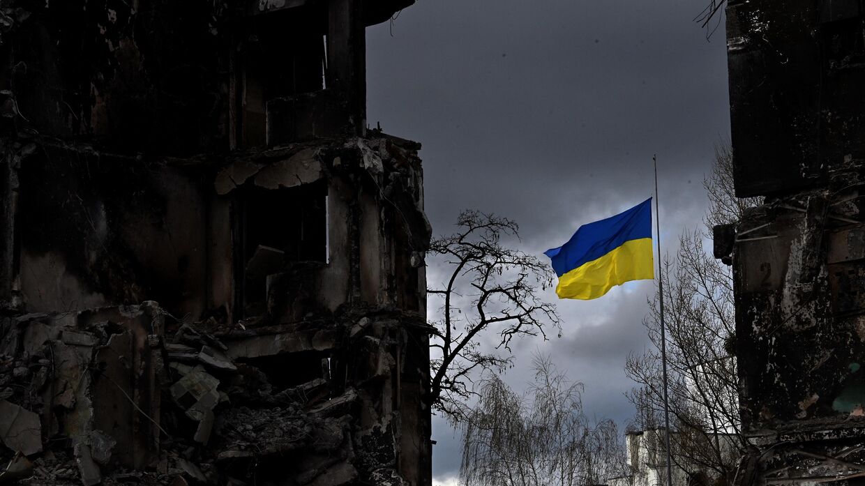 Украинский флаг в городе Бородянка