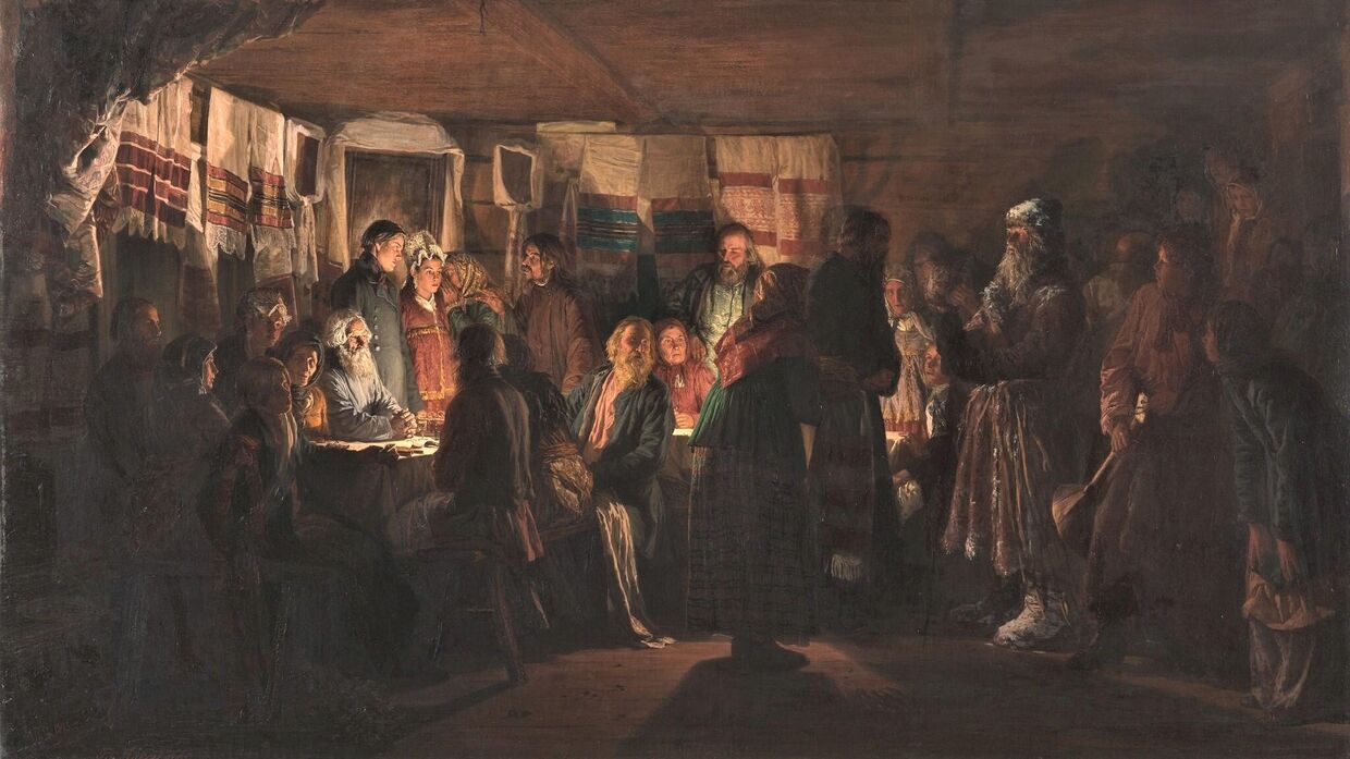 Приход колдуна на крестьянскую свадьбу (картина Василия Максимова, 1875)
