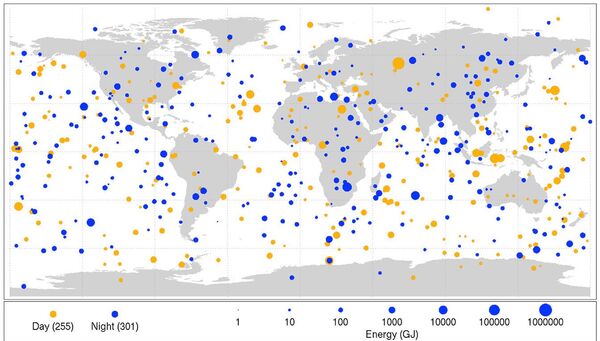 На этой диаграмме отображены данные, собранные в период с 1994 по 2013 год, о небольших астероидах, попавших в земную атмосферу и превратившихся в очень яркие метеоры, называемые болидами или файерболами. Размеры красных точек (дневные столкновения) и синих точек (ночные столкновения) соответствуют количеству оптической излучаемой энергии от ударов, измеряемой в миллиардах джоулей. Самый мощный удар за этот период нанес Челябинский метеорит, который в диаметре был всего 20 метров.