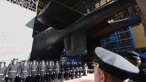 Спуск на воду атомной подводной лодки Белгород в Архангельской области 