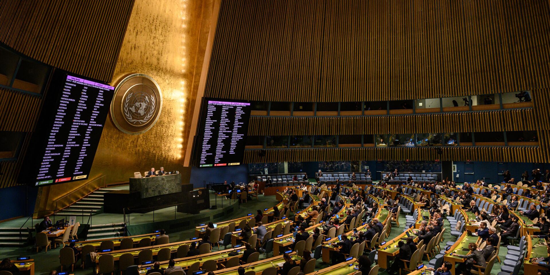 Результаты голосования во время экстренного заседания Генеральной Ассамблеи ООН в штаб-квартире ООН в Нью-Йорке, 12 октября 2022 года - ИноСМИ, 1920, 13.10.2022