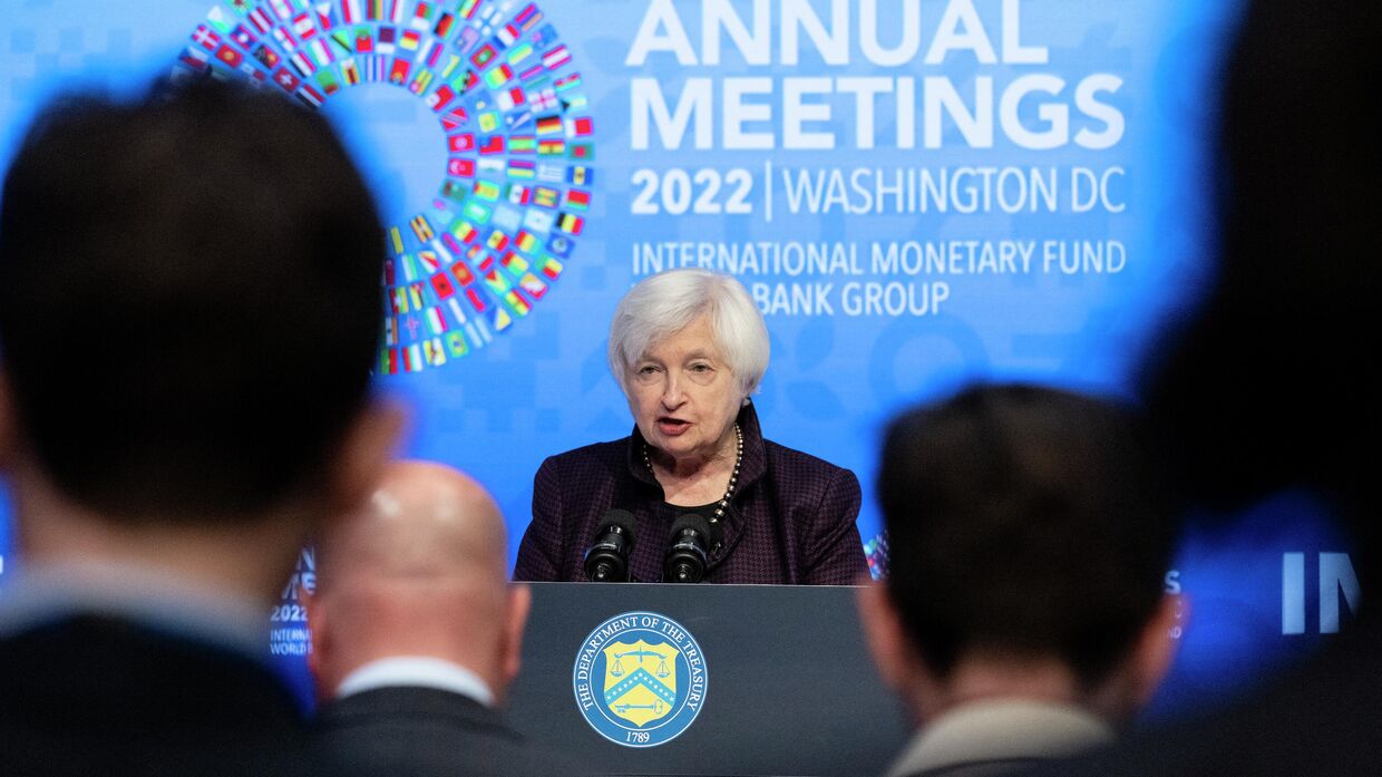 Министр финансов США Джанет Йеллен в штаб-квартире МВФ в Вашингтоне, округ Колумбия, 14 октября 2022 года