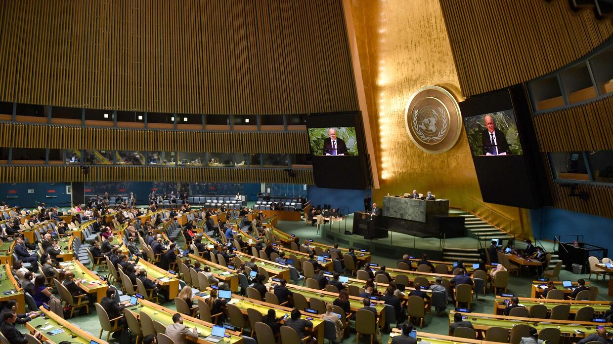 Посол России в ООН Василий Небензя выступает на заседании в штаб-квартире ООН в Нью-Йорке