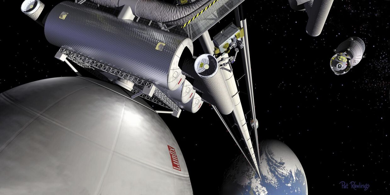 Художественная фантазия: вид на космический лифт, поднимающий с Земли грузы на орбитальную станцию, — космический порт