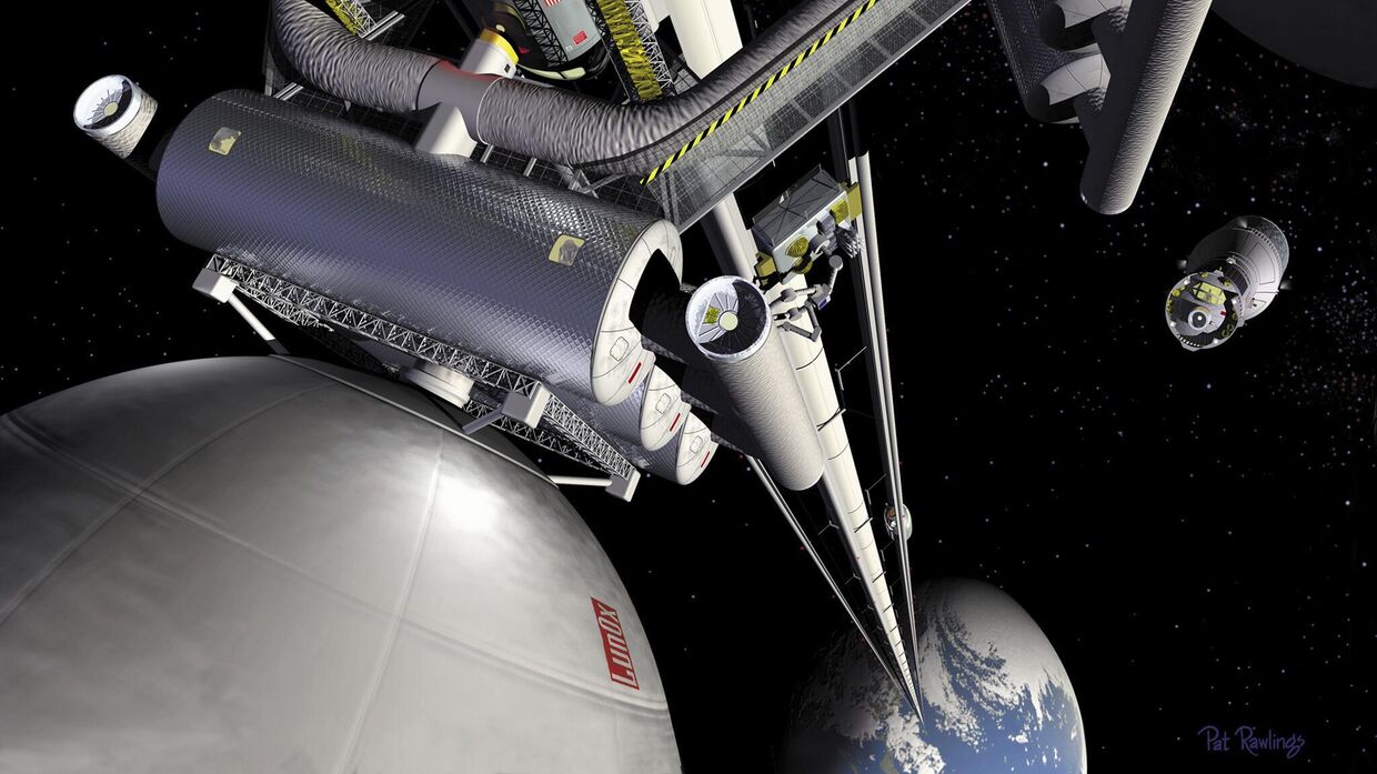 Художественная фантазия: вид на космический лифт, поднимающий с Земли грузы на орбитальную станцию, — космический порт