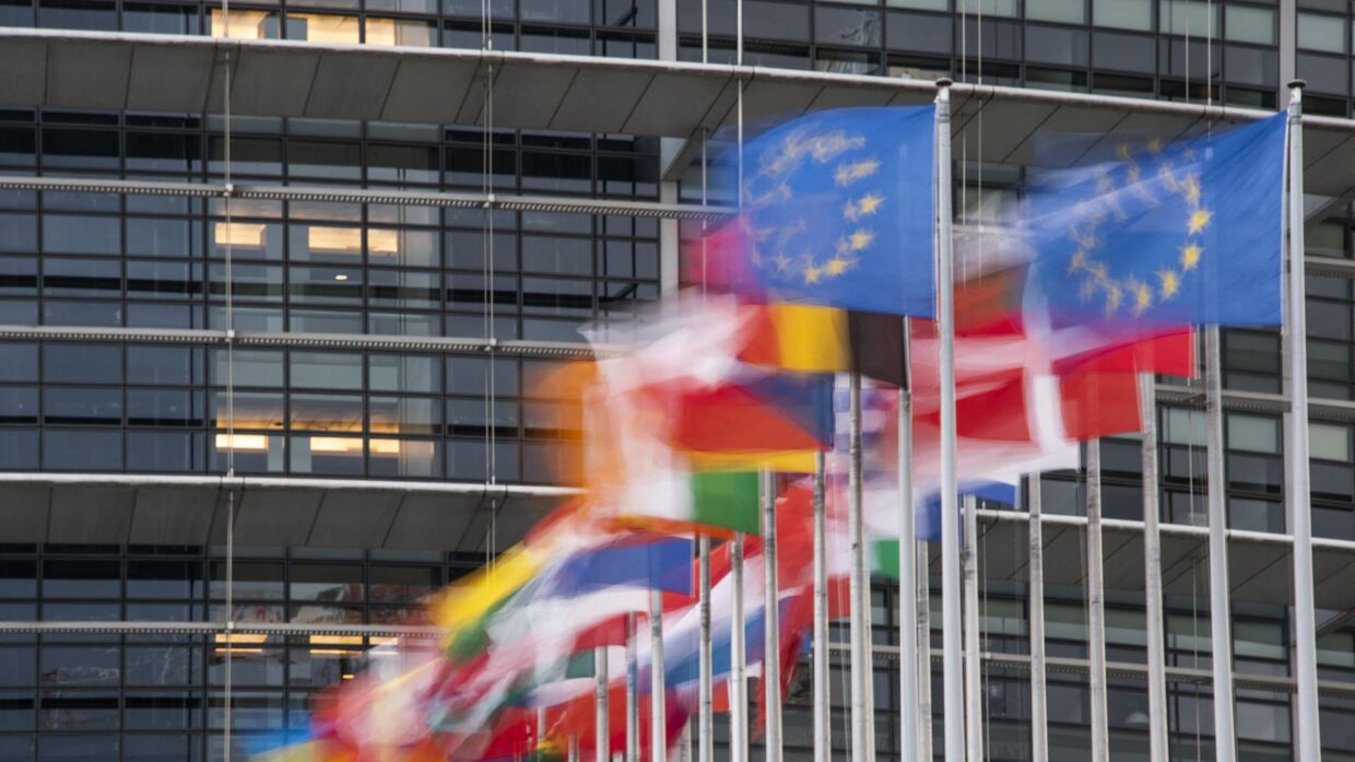 Флаги членов Европейского союза перед зданием Европейского парламента в Страсбурге, Франция