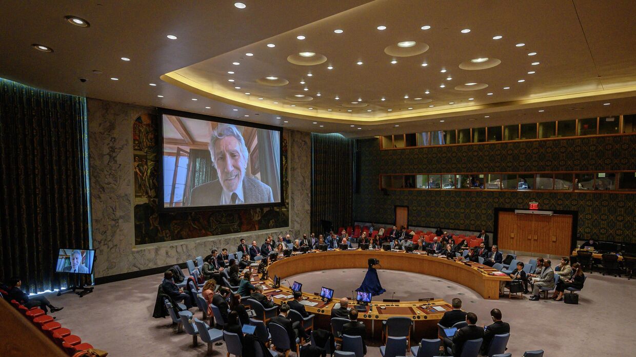 Британский музыкант Роджер Уотерс во время выступления на заседании Совета Безопасности ООН по Украине в штаб-квартире ООН в Нью-Йорке. 8 февраля 2023 года.
