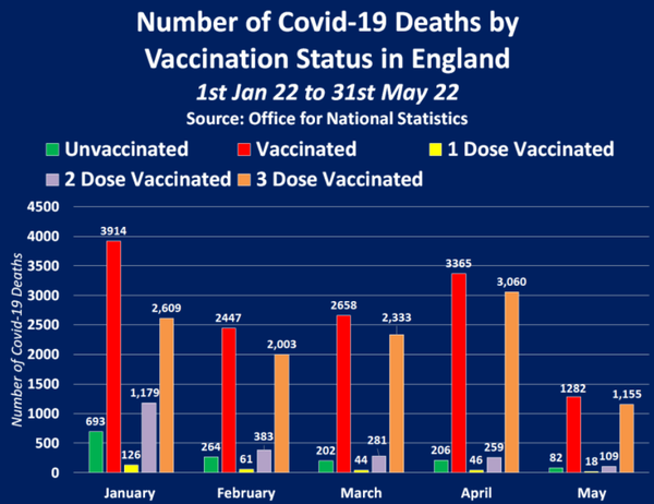 Число смертей от коронавируса у вакцинированных и невакцинированных британцев. Данные с 1 января по 31 мая 2022 года