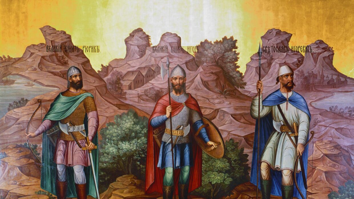 Рюрик и его братья Синеус и Трувор.  Настенная роспись в Грановитой палате Большого Кремлевского дворца.