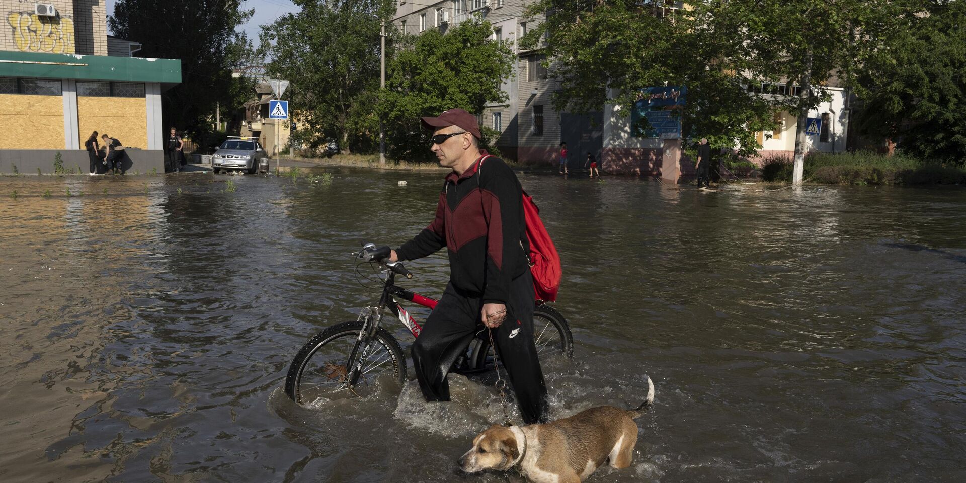 Местный житель с велосипедом и собакой идет по улице в Херсоне, Украина, во вторник, 6 июня 2023 года, которая была затоплена после взрыва плотины Каховской ГЭС - ИноСМИ, 1920, 07.06.2023