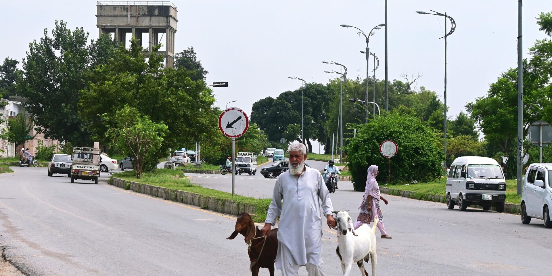 Мужчина ведет жертвенных козлов на одной из улиц Исламабада перед мусульманским праздником жертвоприношения Курбан-Байрамом. - ИноСМИ, 1920, 18.06.2023