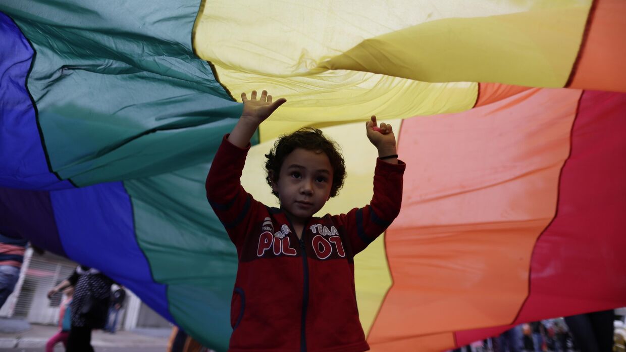 Ребенок с радужным флагом во время гей-парада в Асунсьоне, Парагвай, суббота, 26 сентября 2015 года. ЛГБТ-сообщество вышло с требованием к властям объявить вне закона все формы дискриминации.