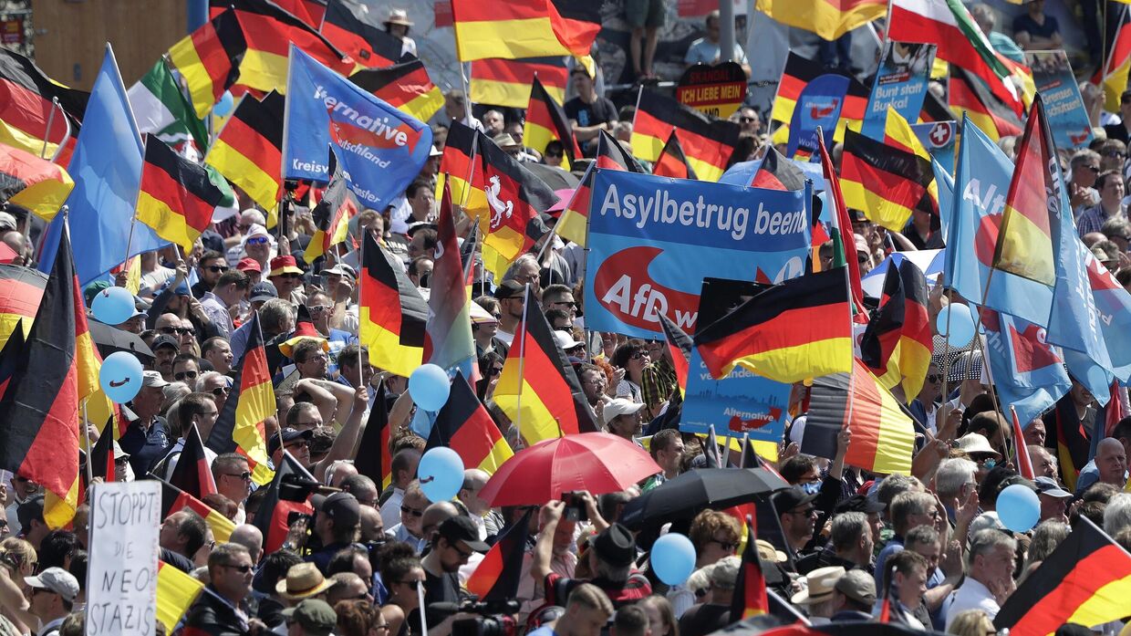 Сторонники партии Альтернатива для Германии на митинге в Берлине, Германия. 27 мая 2018 года