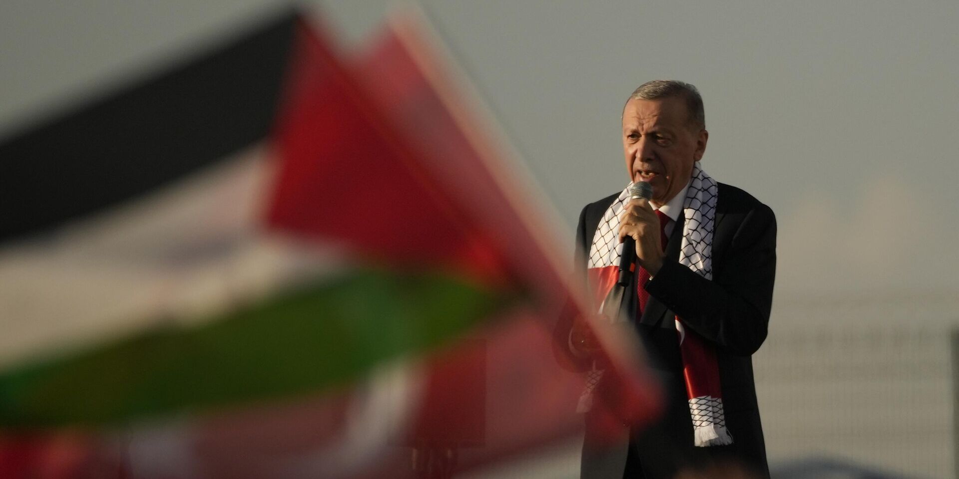 Президент Турции Реджеп Тайип Эрдоган обращается к участникам пропалестинского митинга, чтобы продемонстрировать солидарность с жителями Газы, 28 октября 2023 г. - ИноСМИ, 1920, 06.12.2023