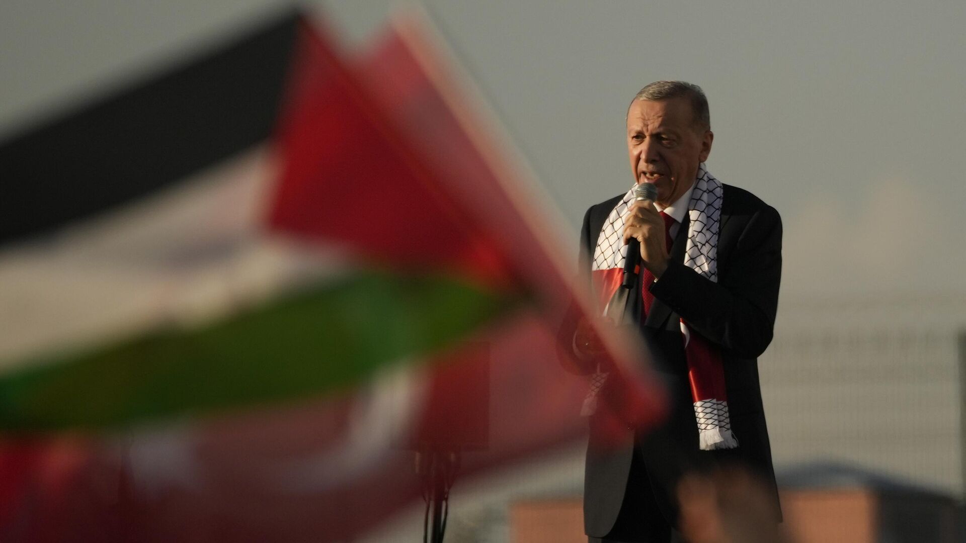 Президент Турции Реджеп Тайип Эрдоган обращается к участникам пропалестинского митинга, чтобы продемонстрировать солидарность с жителями Газы, 28 октября 2023 г. - ИноСМИ, 1920, 06.12.2023