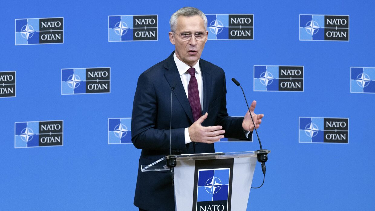Генеральный секретарь НАТО Йенс Столтенберг на пресс-конференции в рамках встречи министров иностранных дел стран НАТО, обсуждавших поддержку Украины, в Брюсселе, Бельгия, 29 ноября 2023 года.