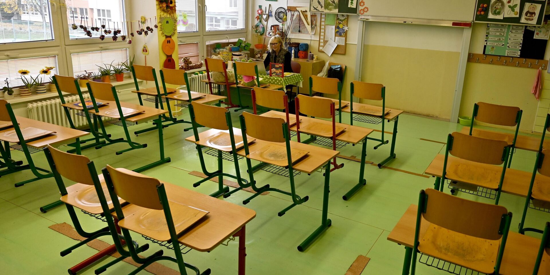 Учитель проводит онлайн-урок через веб-камеру во временно закрытой начальной школе в городе Требисов, восточная Словакия. 8 ноября 2021 года. Архивное фото - ИноСМИ, 1920, 26.05.2024