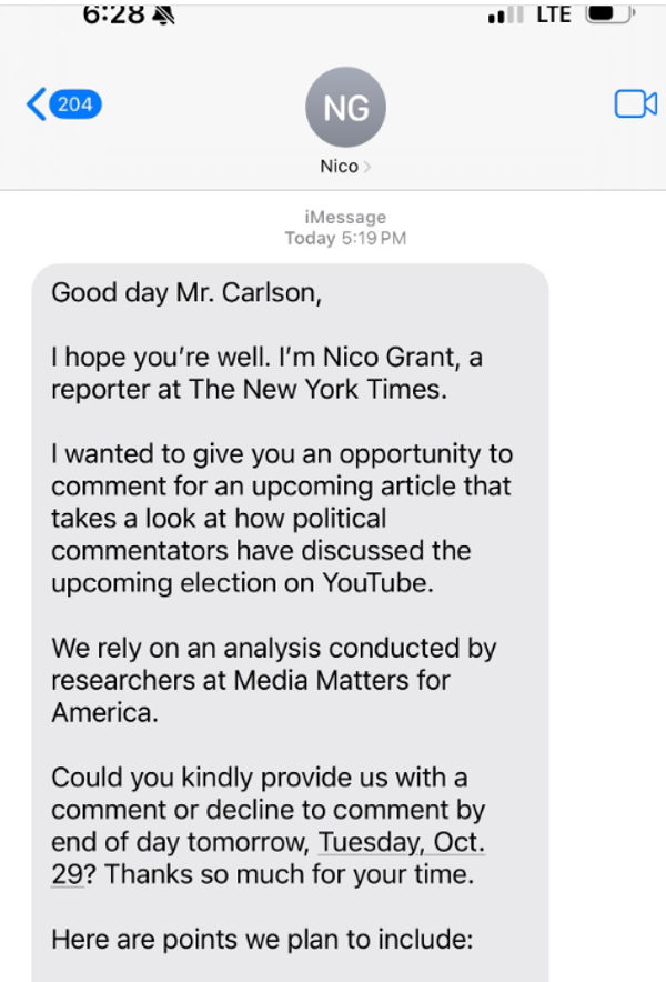 Сообщение Такеру Карлсону от журналиста The New York Times Сообщение Такеру Карлсону от журналиста The New York Times