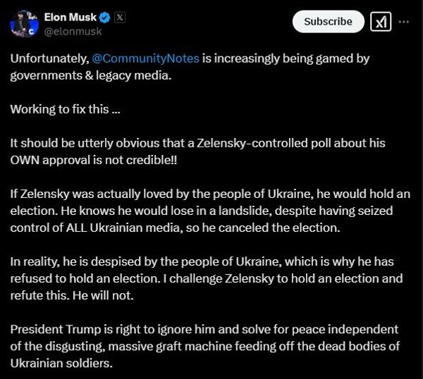 Пост Илона Маска из X