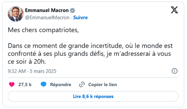 Пост Э. Макрона в сети Х от 5 марта 2025 