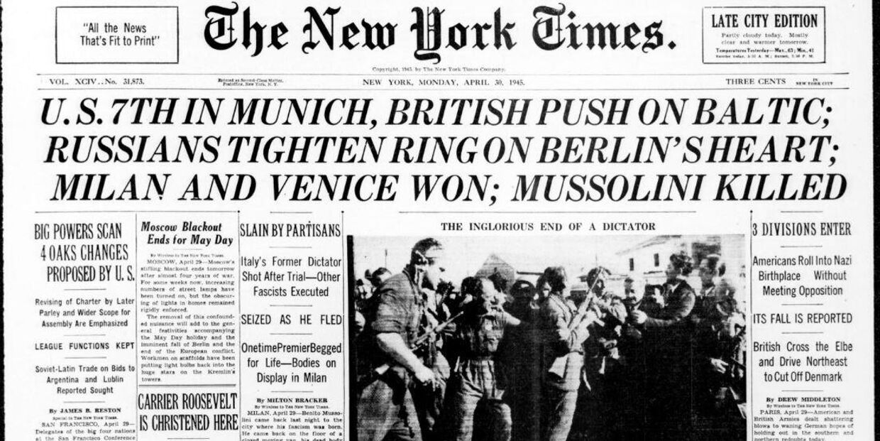 Первая страница газеты Нью-Йорк таймс за 30 апреля 1945 года