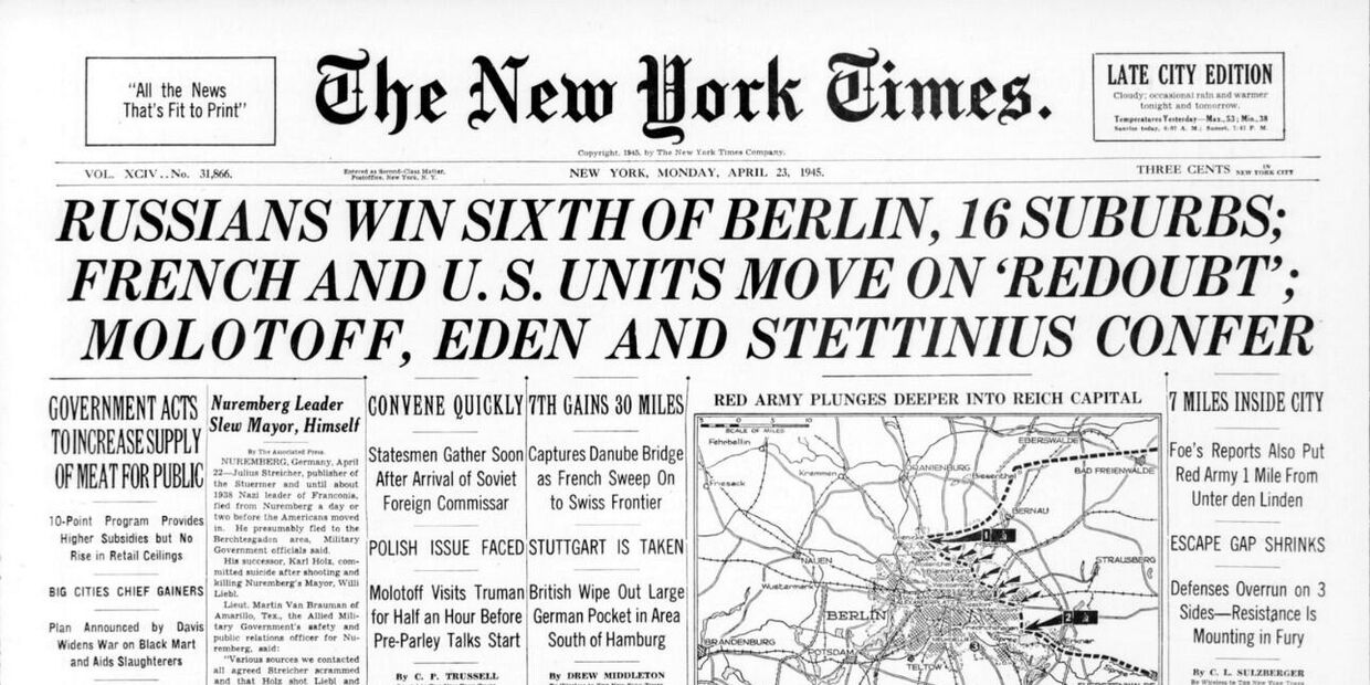 Первая страница газеты Нью-Йорк таймс от 23 апреля 1945 года