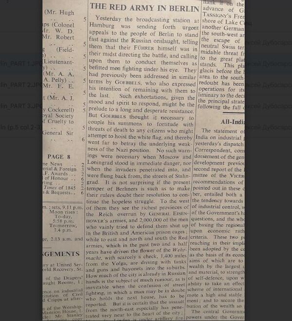 Начало статьи Красная армия в Берлине в газете The Times от 24 апреля 1945 года