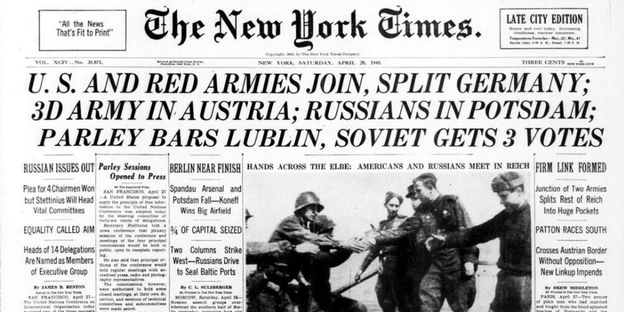 Первая страница Нью-Йорк таймс за 28 апреля 1945 года