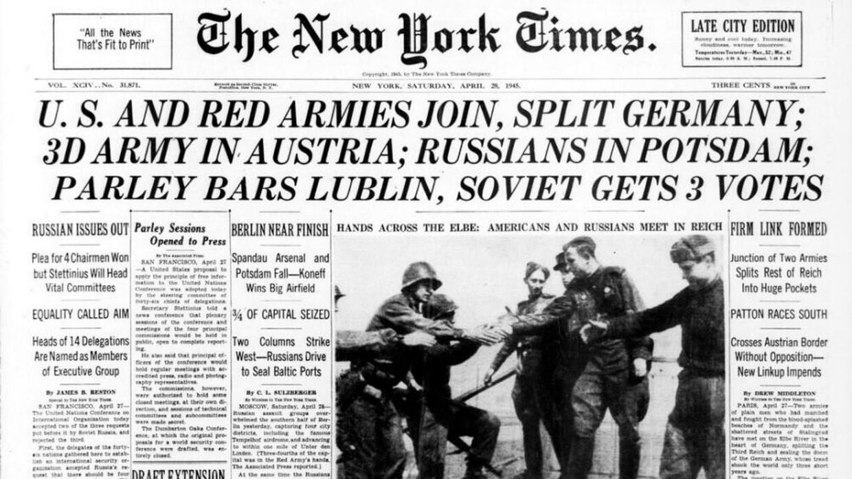 Первая страница Нью-Йорк таймс за 28 апреля 1945 года