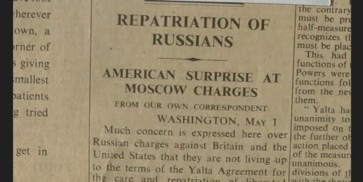 Статья  о репатриации русских военнопленных в газете Таймс за 1 мая 1945 года