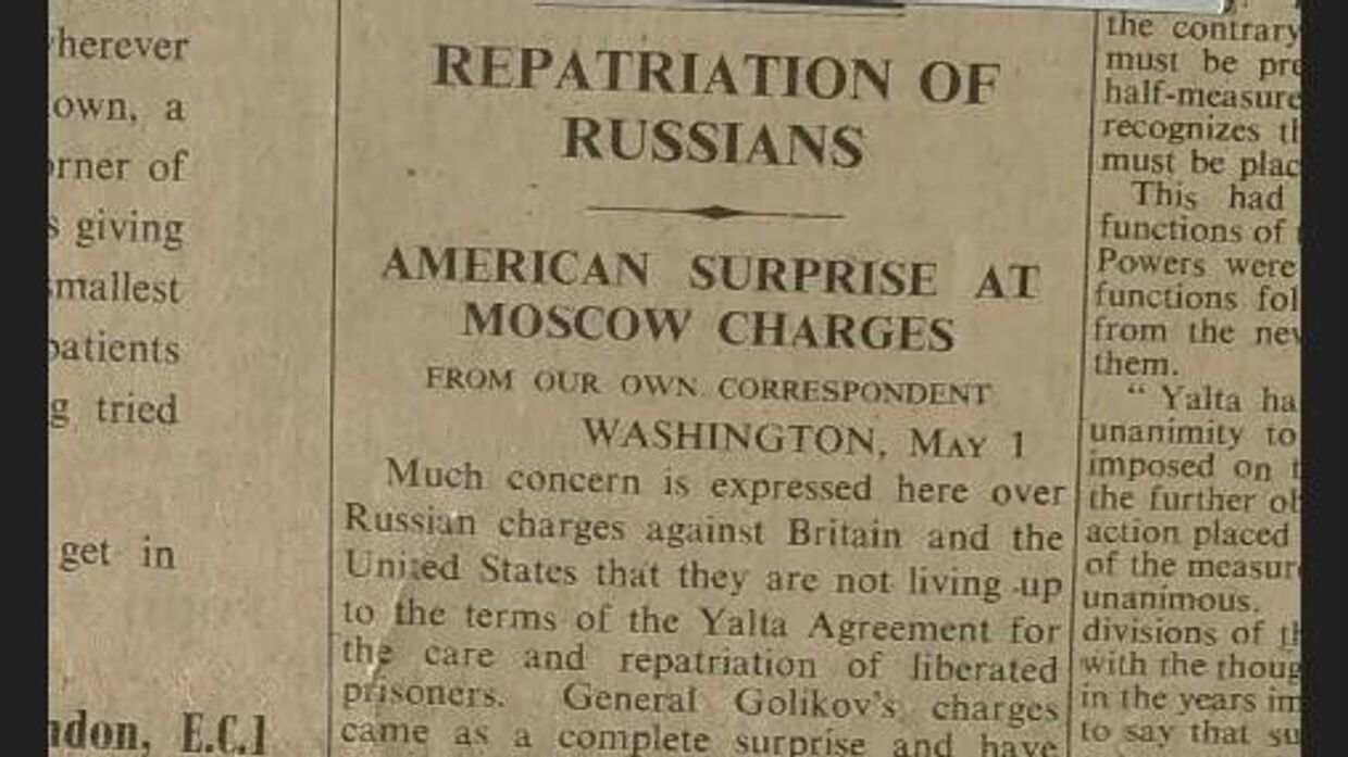 Статья  о репатриации русских военнопленных в газете Таймс за 1 мая 1945 года