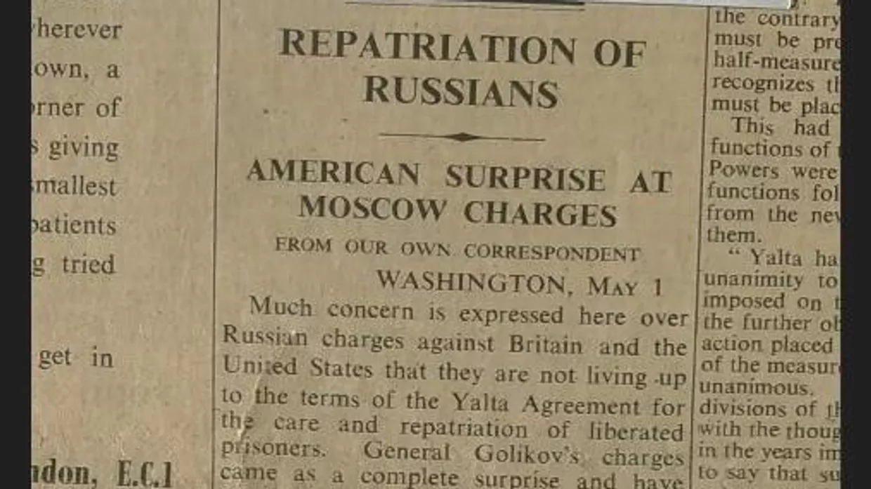 Статья  о репатриации русских военнопленных в газете Таймс за 1 мая 1945 года