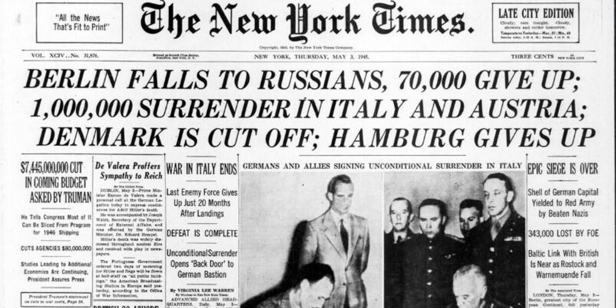 Первая страница Нью-Йорк таймс за 3 мая 1945 года