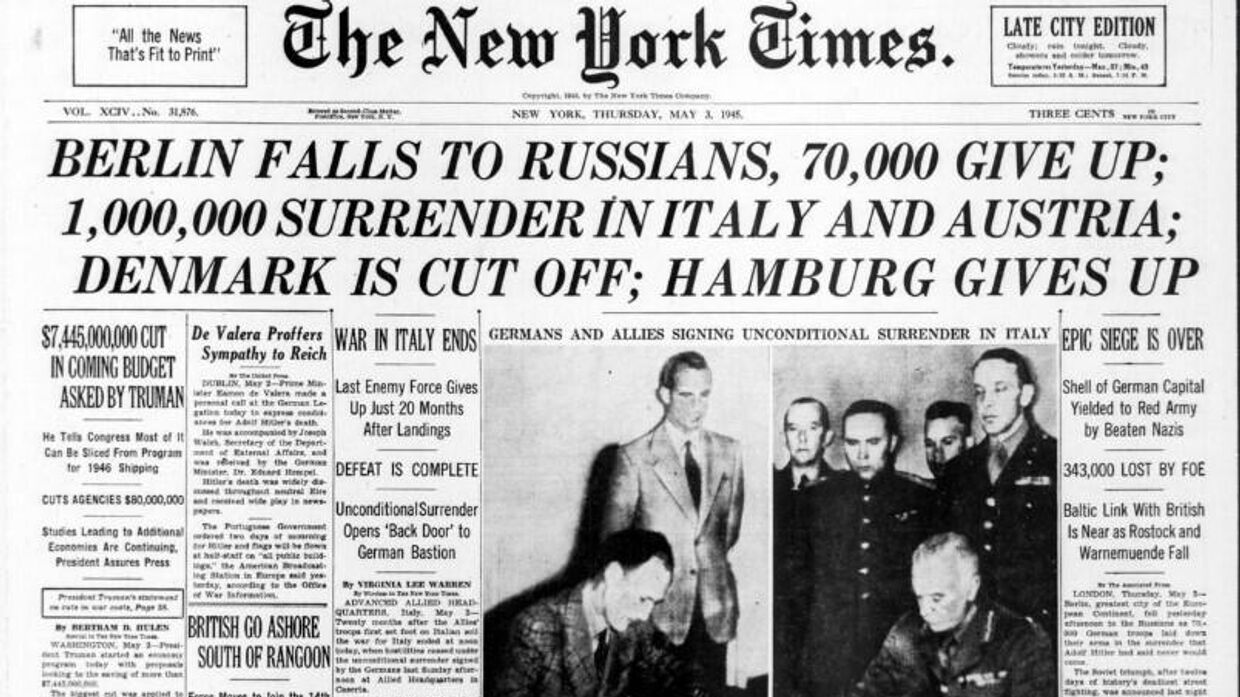 Первая страница Нью-Йорк таймс за 3 мая 1945 года